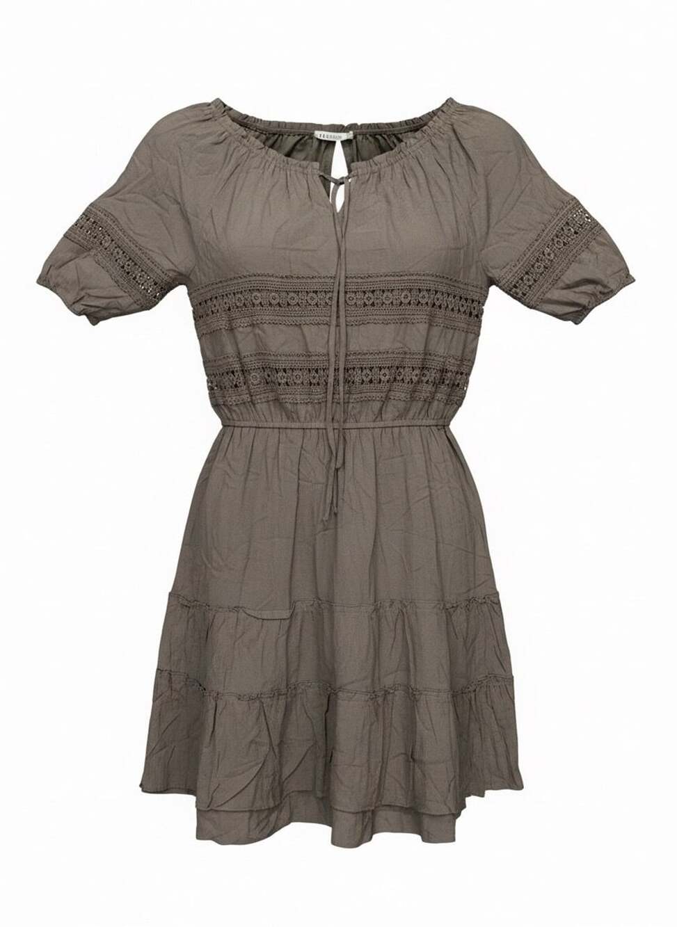 Solitaire Taupe Boho Peasant Dress Women’s Medium Crochet Lace Off Shoulder
